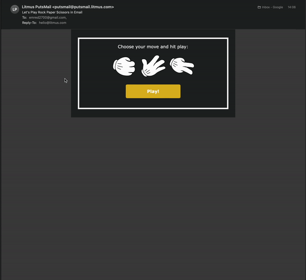 Interactive email game with paper, rock, scissors action