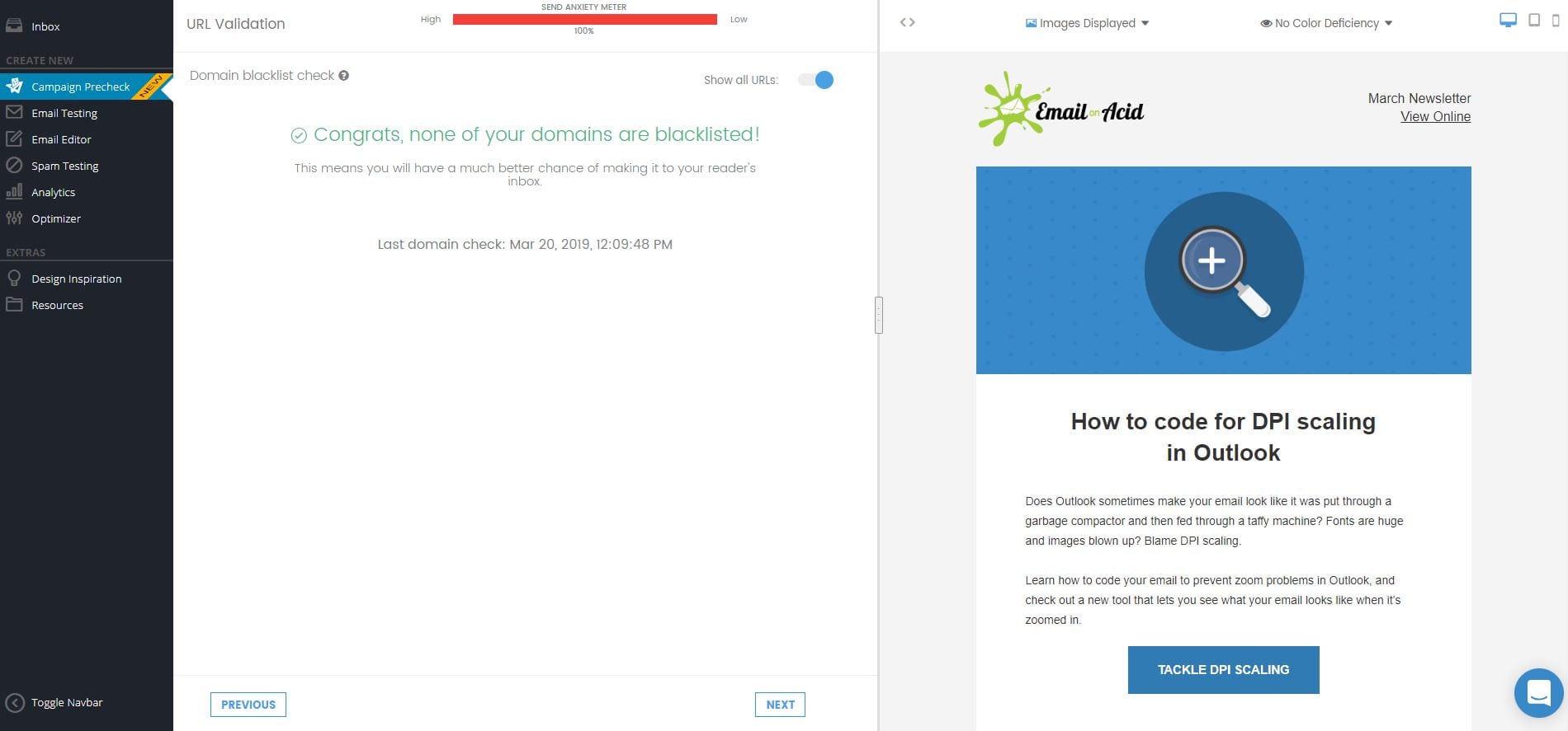 Email on Acid blocklist check - screenshot from inside the application