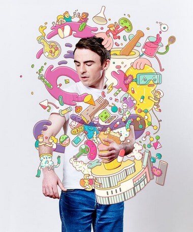 Man stands in the center of cartoon illustrations