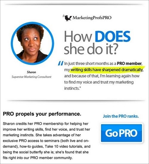 Social proof email with a testimonial for MarketingProfs