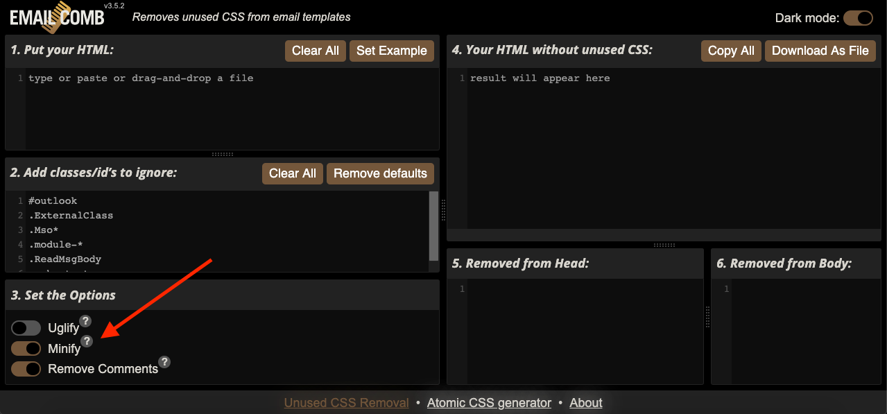 EmailComb interface in dark mode