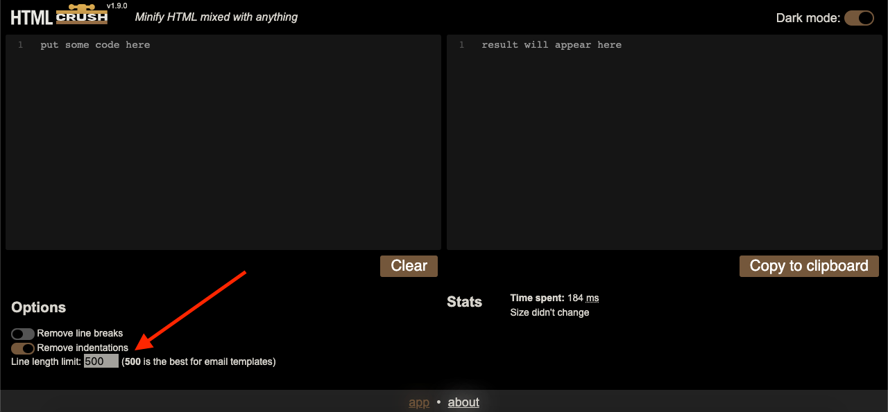 HTML crush interface in dark mode