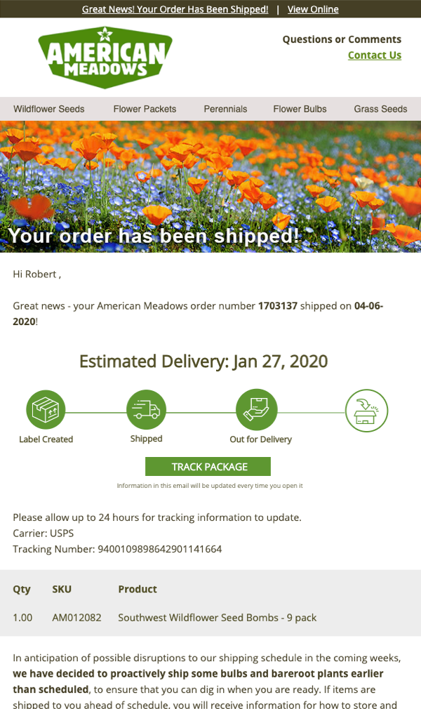 American Meadows package tracking email screenshot