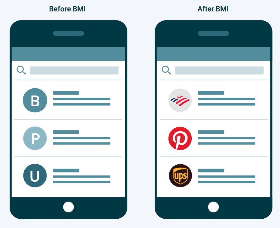 Mobile devices show experience before and after BIMI logos