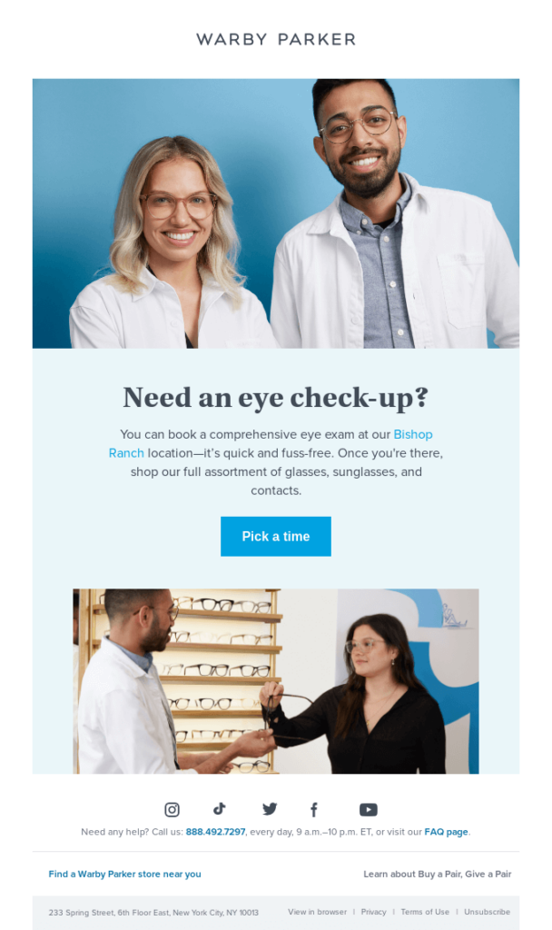 Warby Parker reminder email with eye doctors