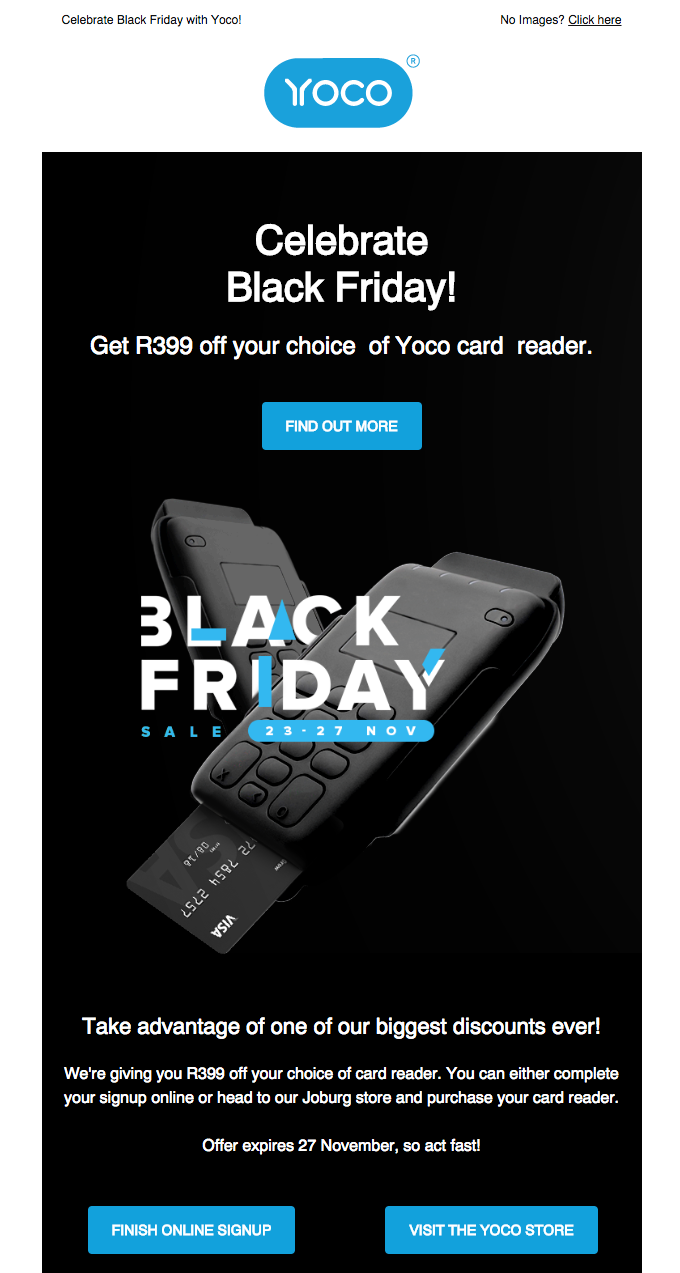 Black Friday email with the logo in a head with a light background