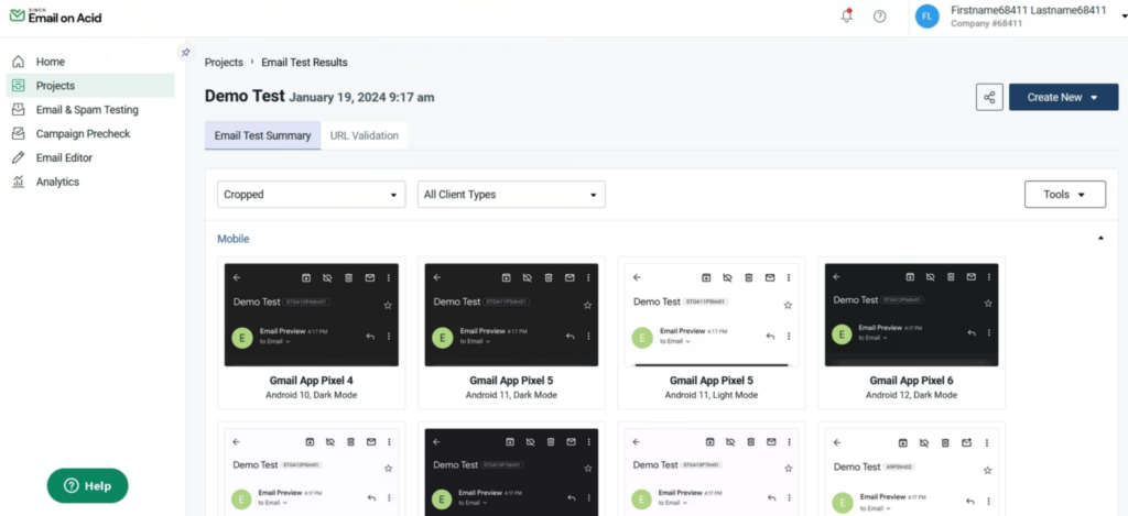 email previews in the Sinch Email on Acid platform