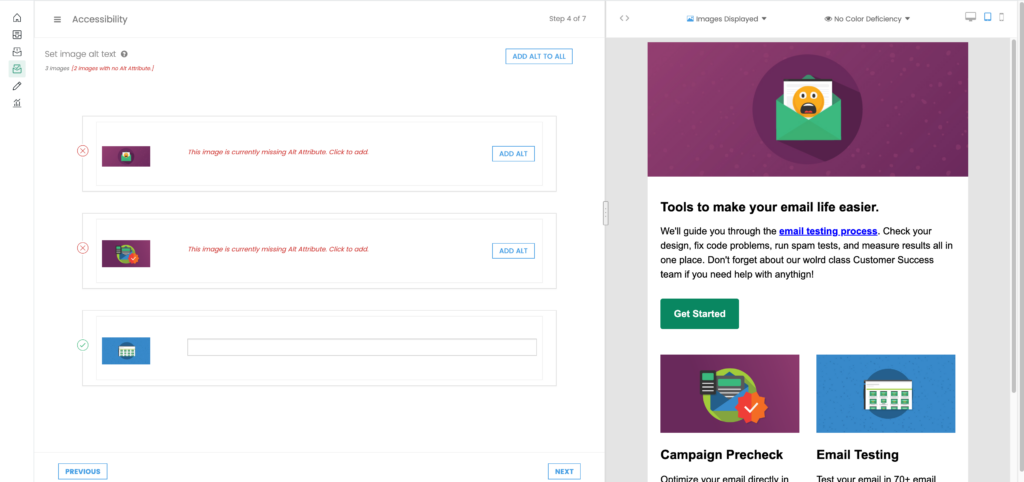 Prompt to add ALT text using Email on Acid during email quality assurance for accessibility.
