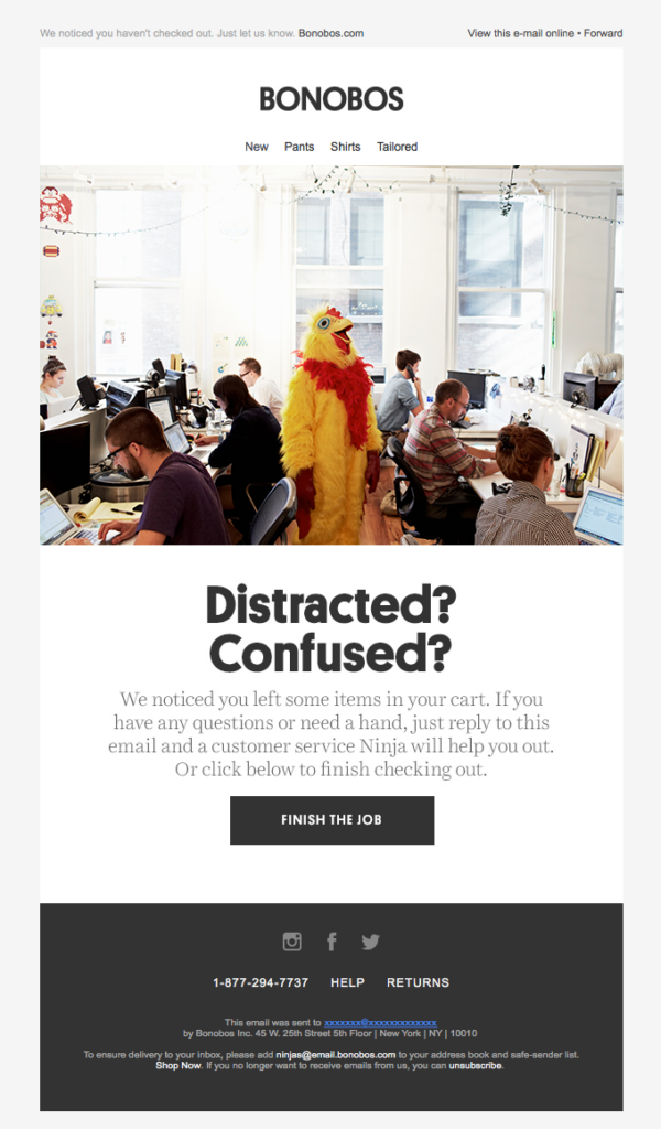 Bonobos email with a chicken costume