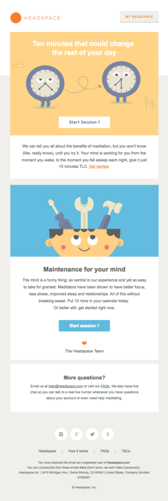 B2C email from Headspace with content on meditation