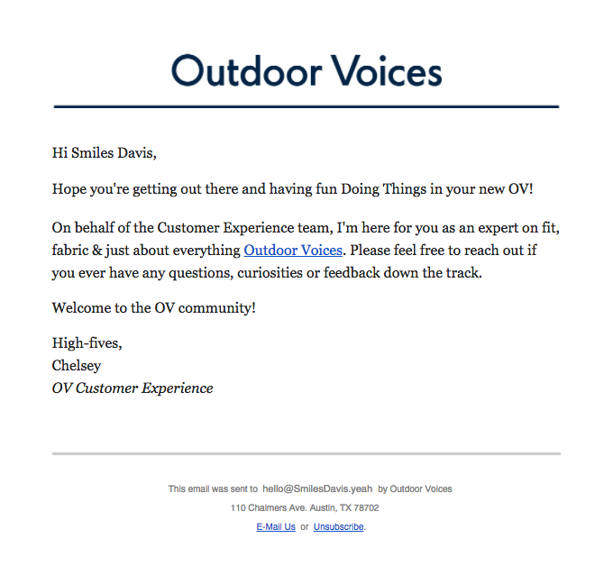 Simple, text-based email from Outdoor Voices