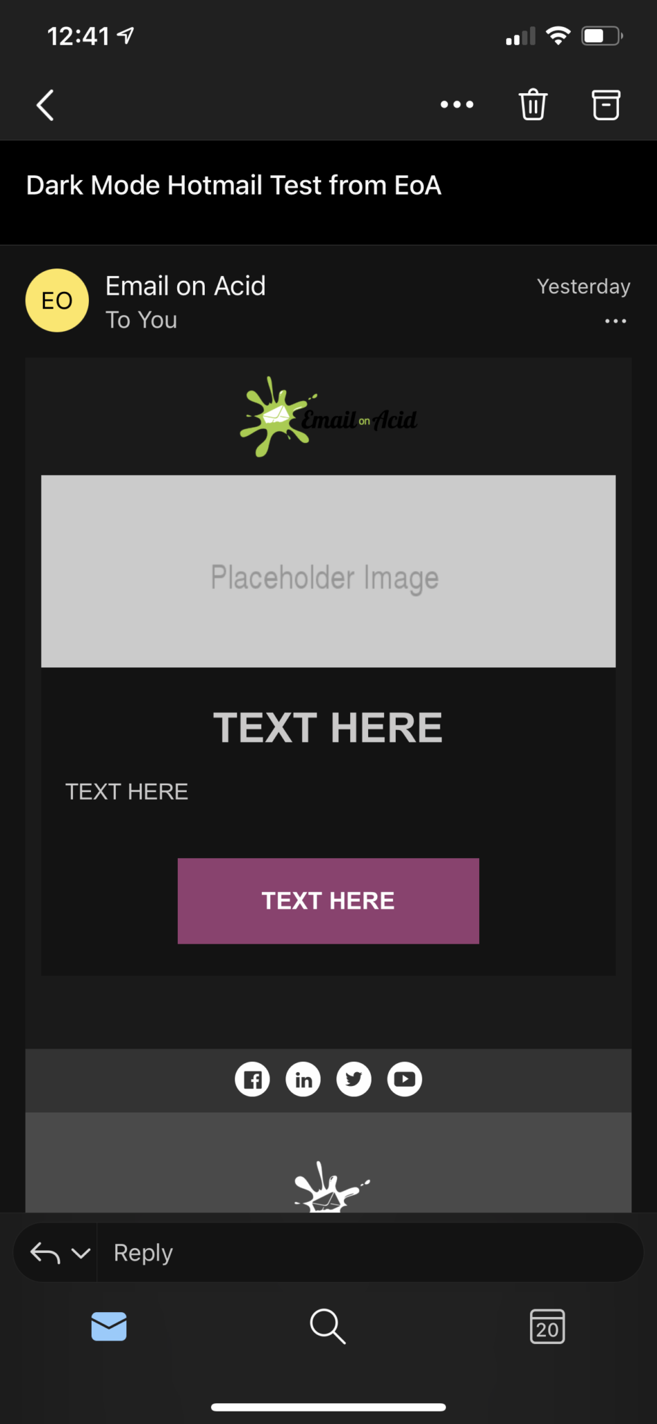 dark mode email opened in outlook app