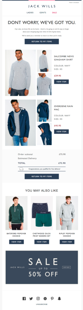 Jack Wills email product recommendation