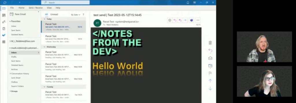 Scene from Notes for the Dev with Mark Robbins and WordArt in email