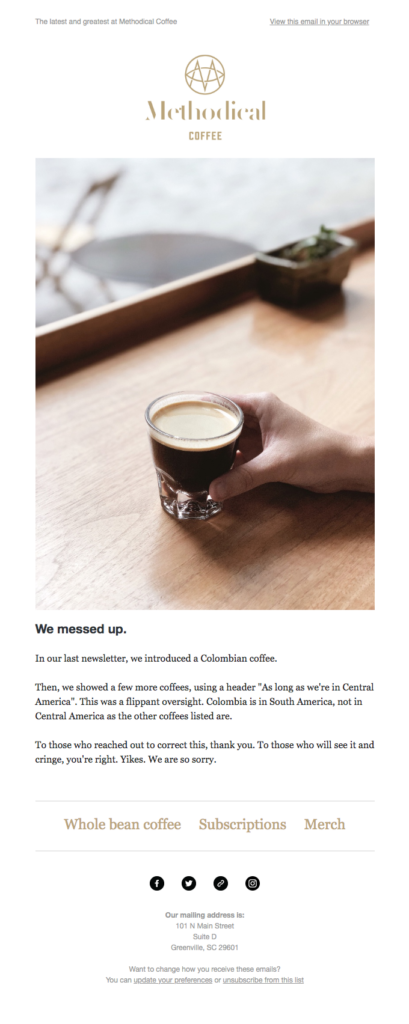 Mistake email from a coffee company