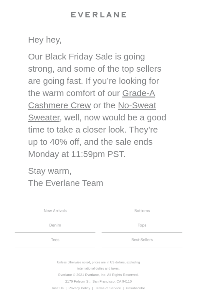 Simple email design from Everlane with only text