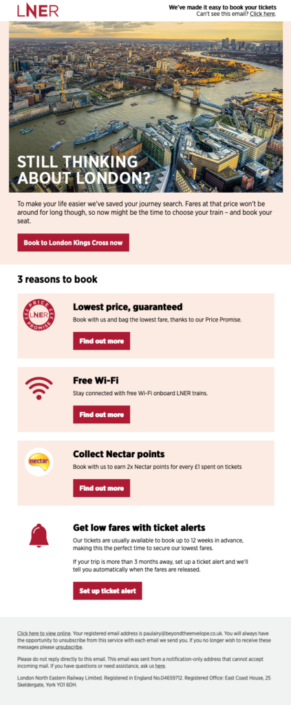 London Railway travel email reminder
