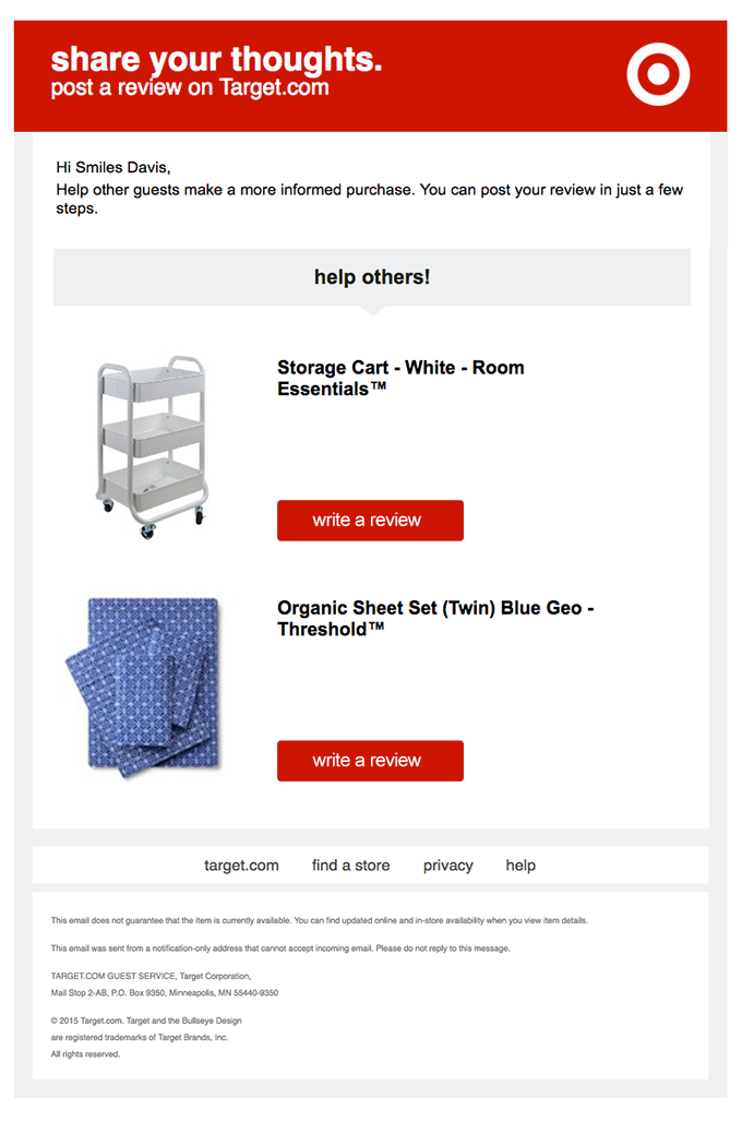 Target review email with houseware products