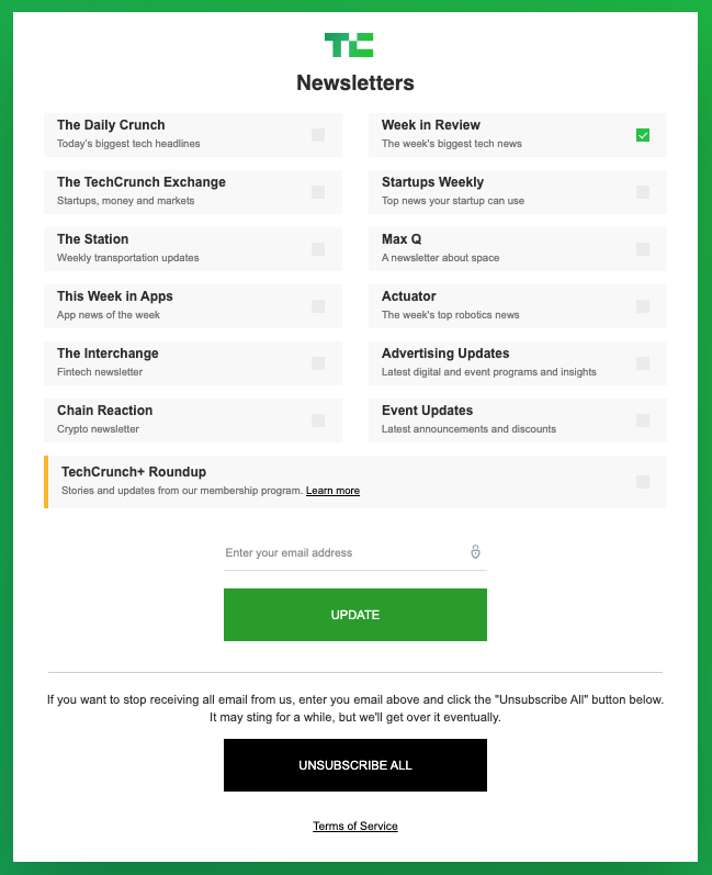 TechCrunch email preference center