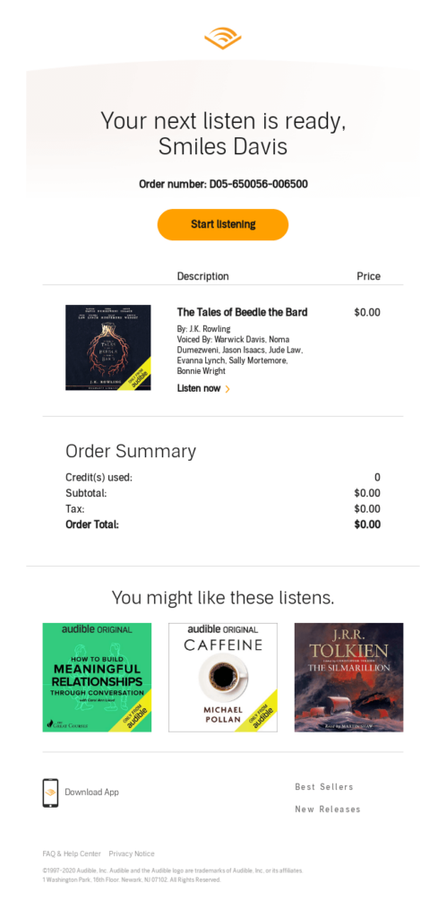 Audible confirmation email with recommendations