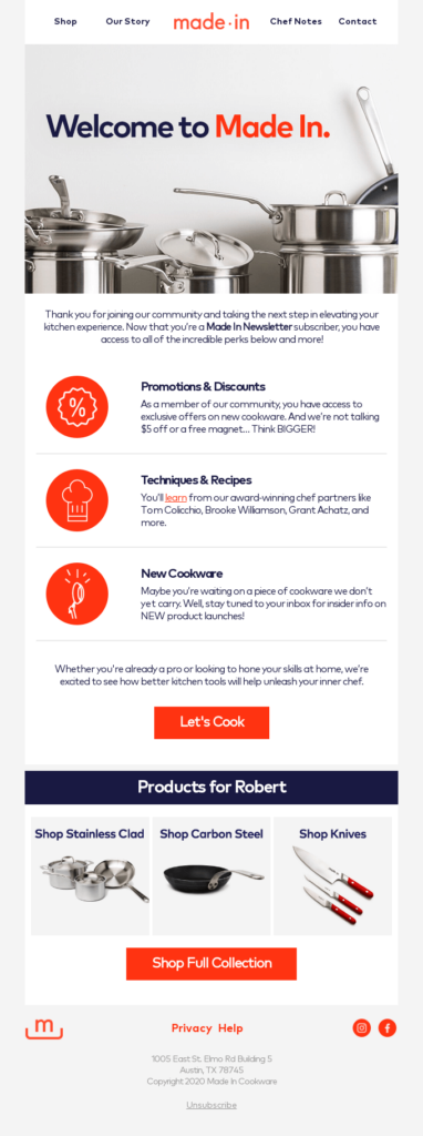 Made In B2C email content with images of pots, pans, and cooking utensils