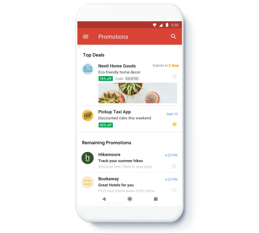 Example of enhanced features in the Gmail Promotions tab